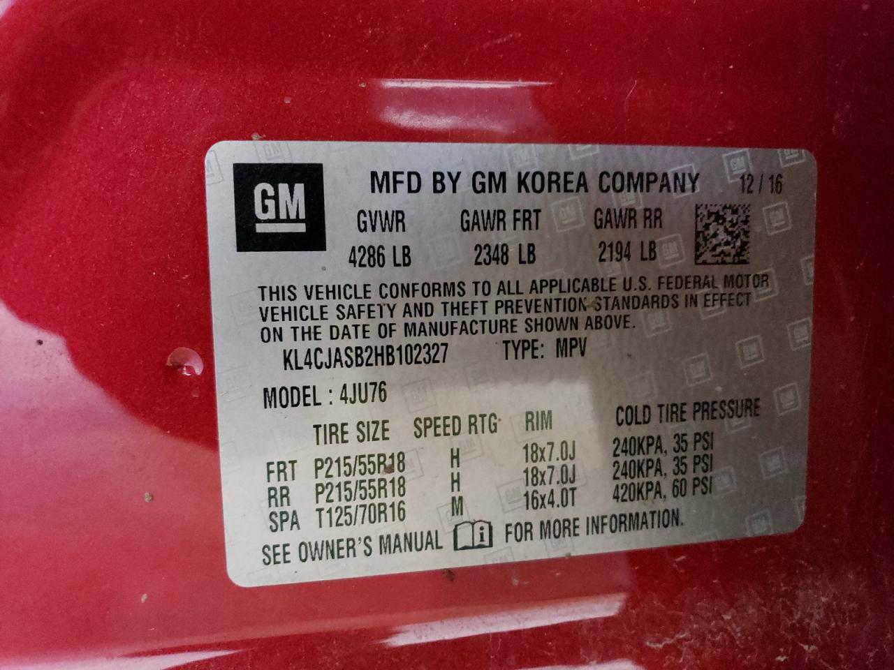 2017 Buick Encore Preferred VIN: KL4CJASB2HB102327 Lot: 73040163