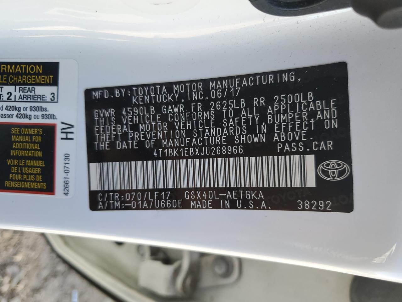 4T1BK1EBXJU268966 2018 Toyota Avalon Xle