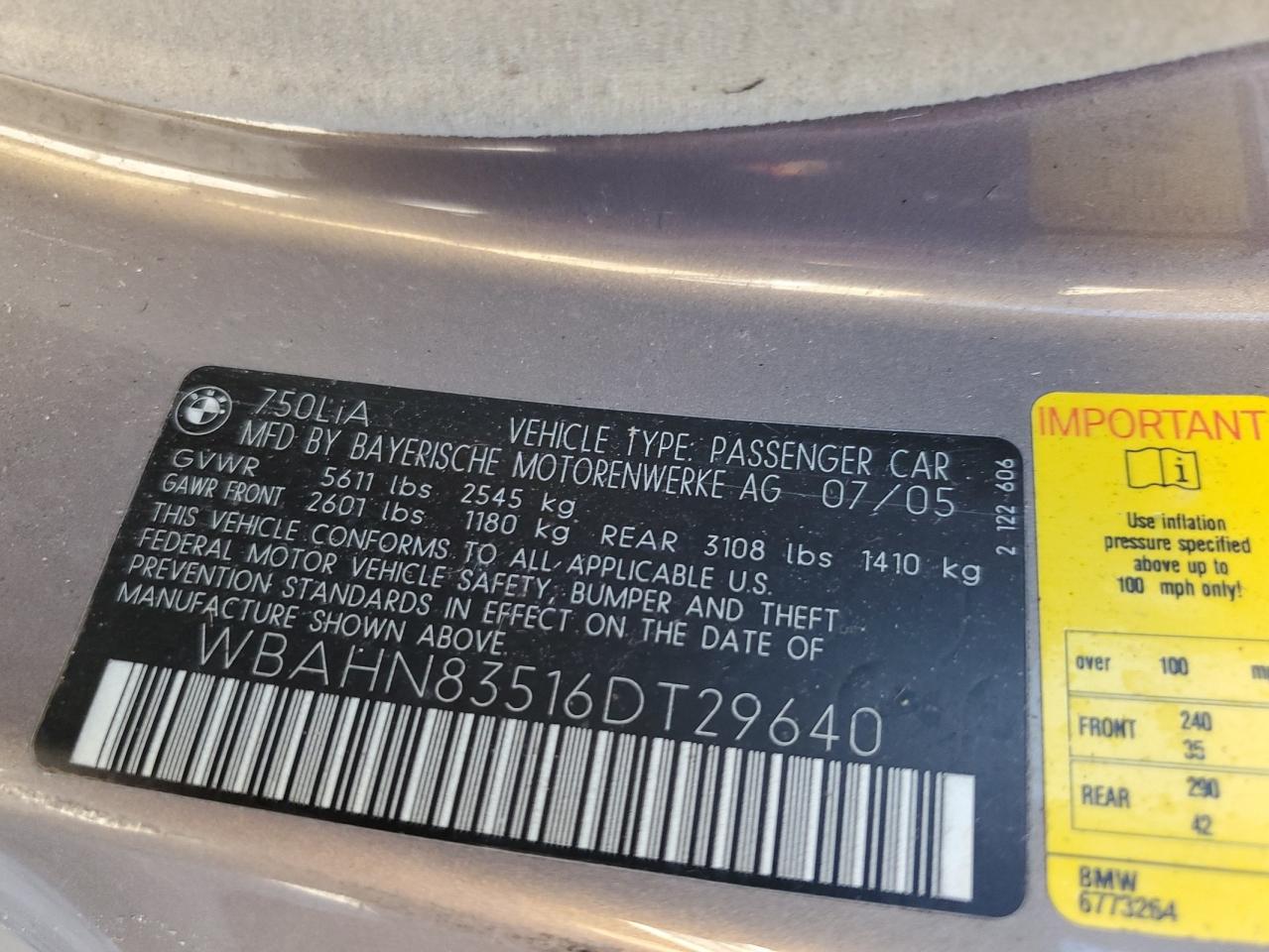 2006 BMW 750 Li VIN: WBAHN83516DT29640 Lot: 84604294