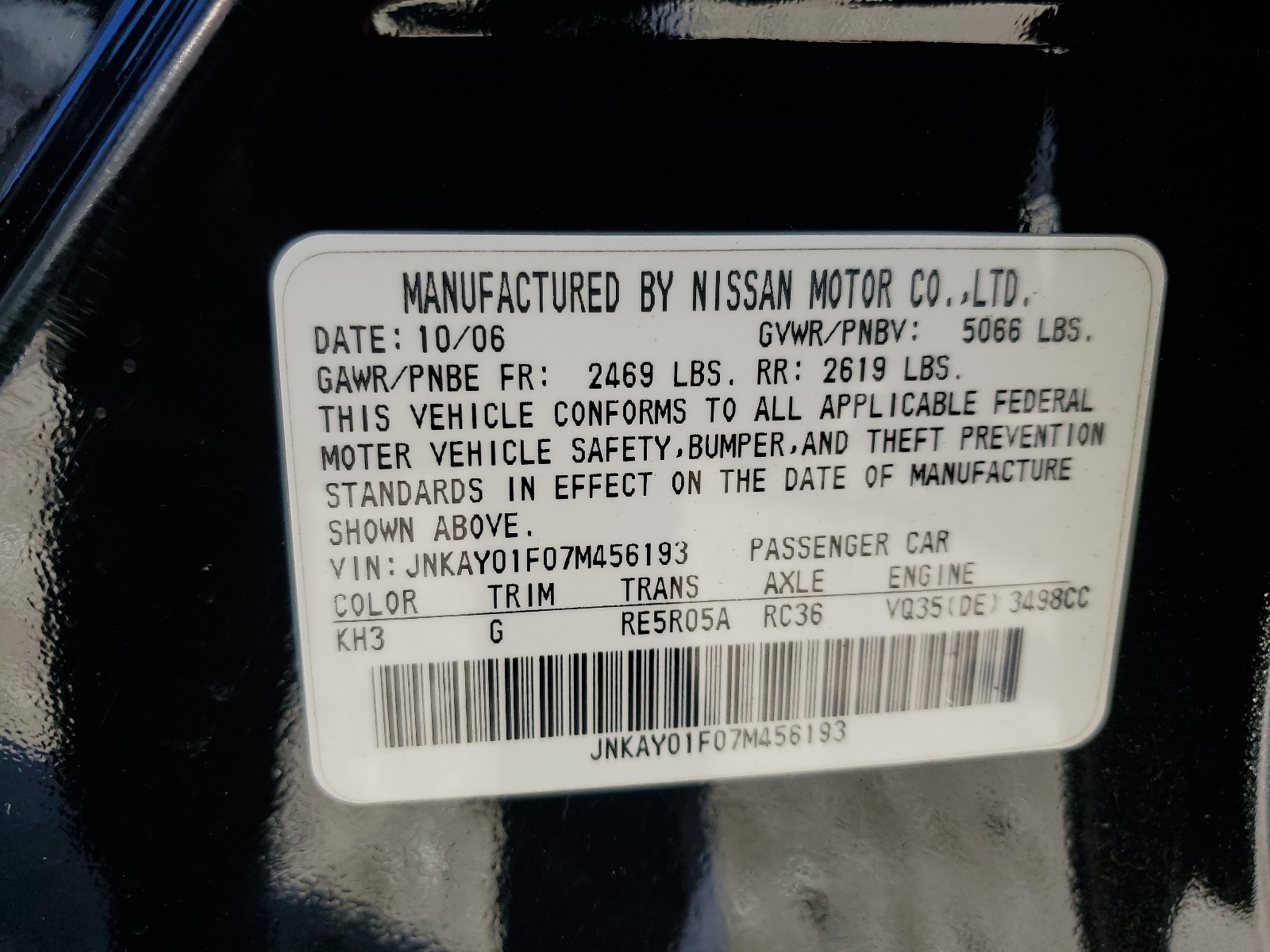 JNKAY01F07M456193 2007 Infiniti M35 Base