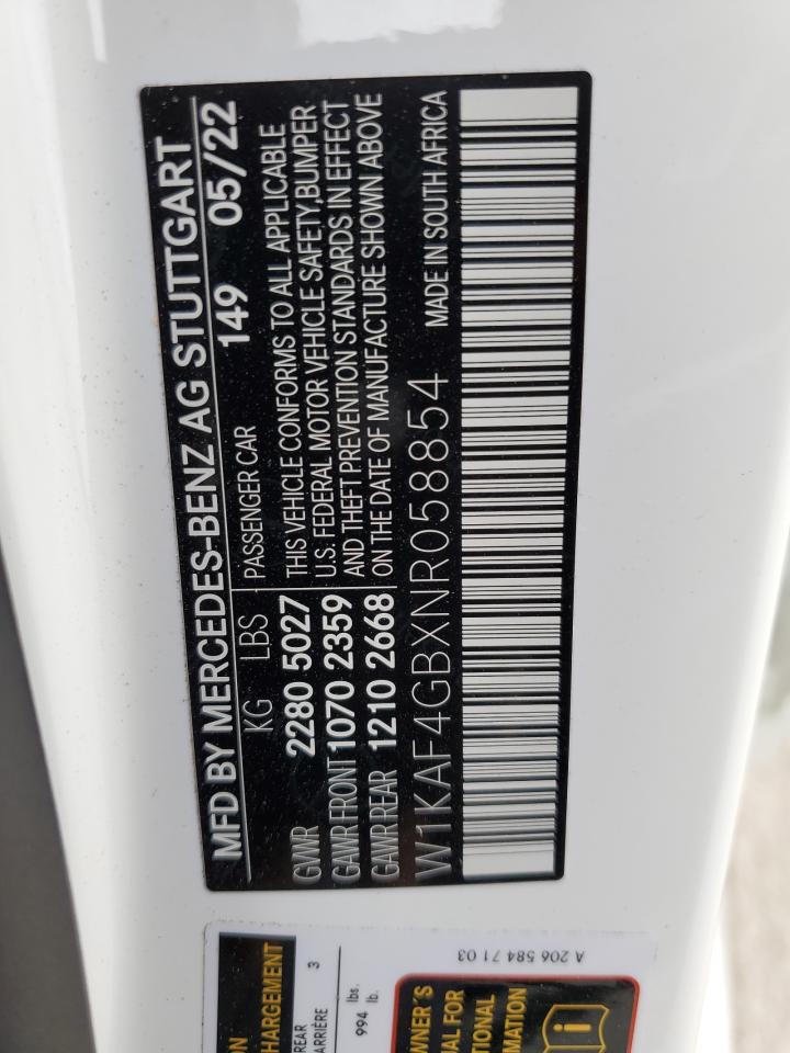 2022 Mercedes-Benz C 300 VIN: W1KAF4GBXNR058854 Lot: 71638695