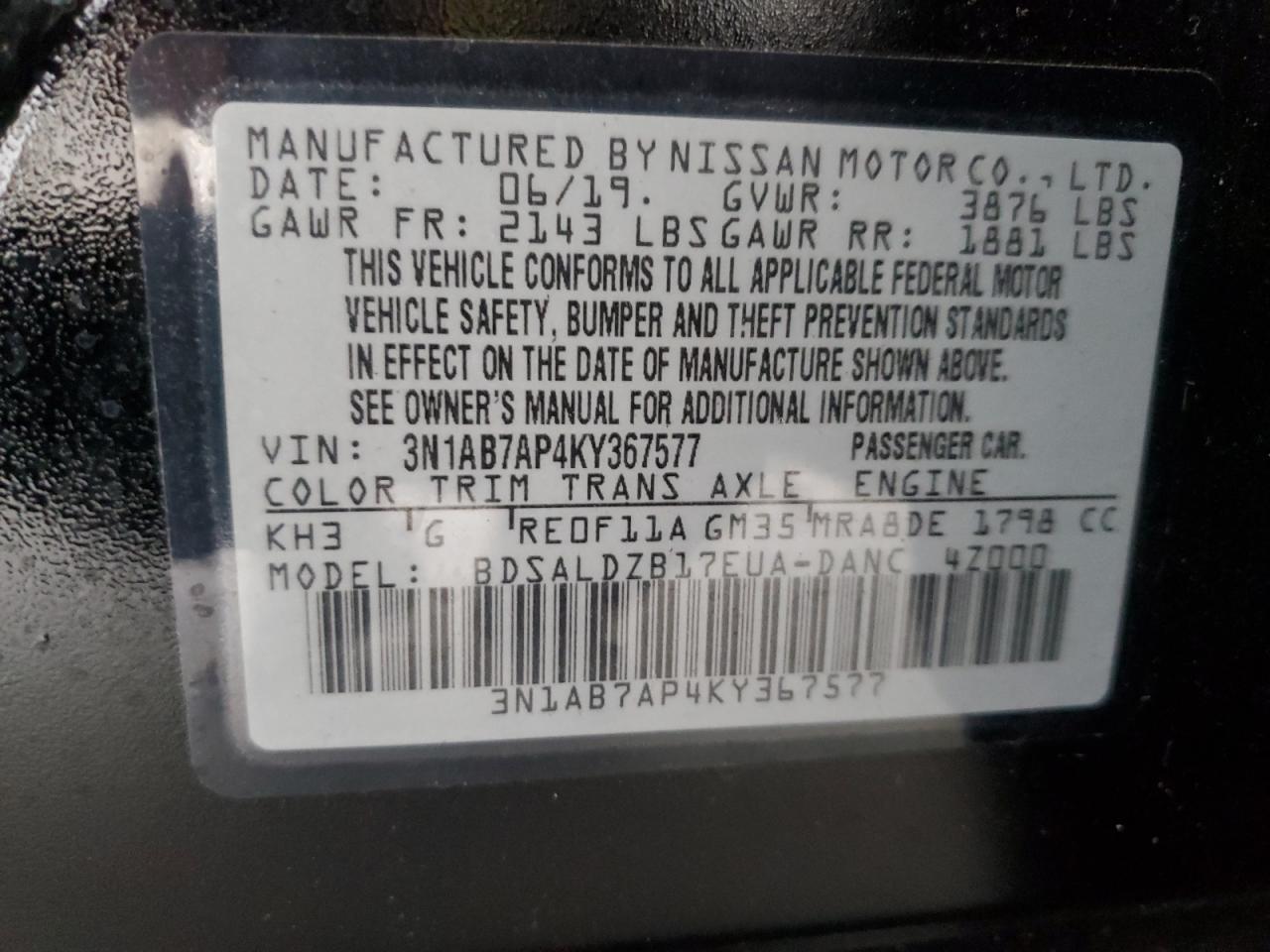 3N1AB7AP4KY367577 2019 Nissan Sentra S