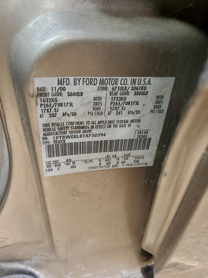 2001 Ford F150 Supercrew VIN: 1FTRW08L81KF50394 Lot: 72410653