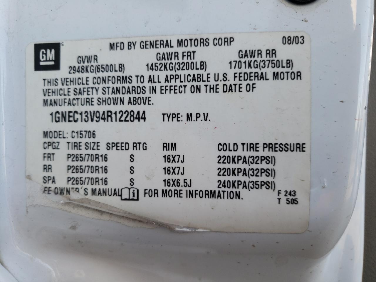 2004 Chevrolet Tahoe C1500 VIN: 1GNEC13V94R122844 Lot: 62131524