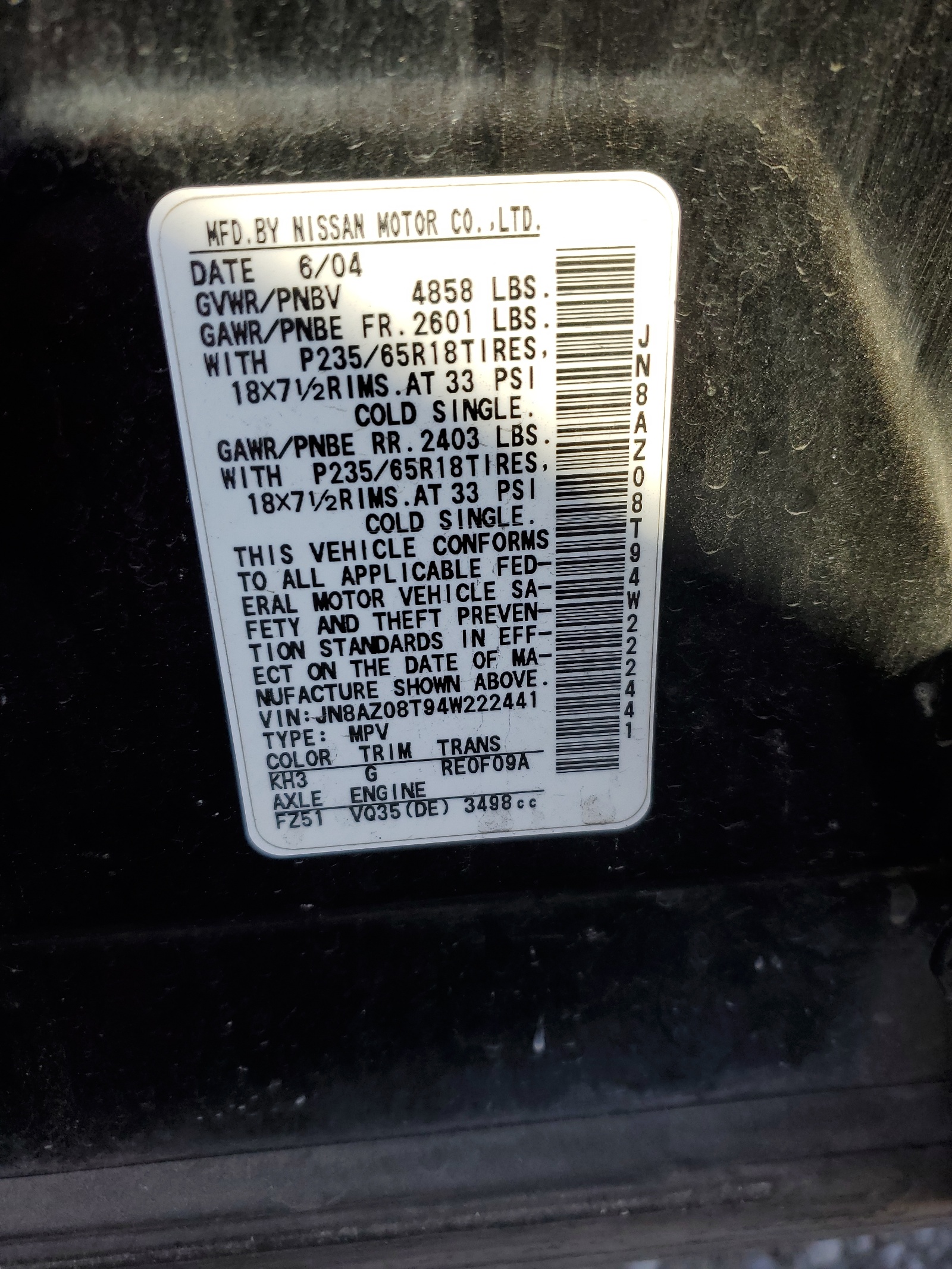 JN8AZ08T94W222441 2004 Nissan Murano Sl