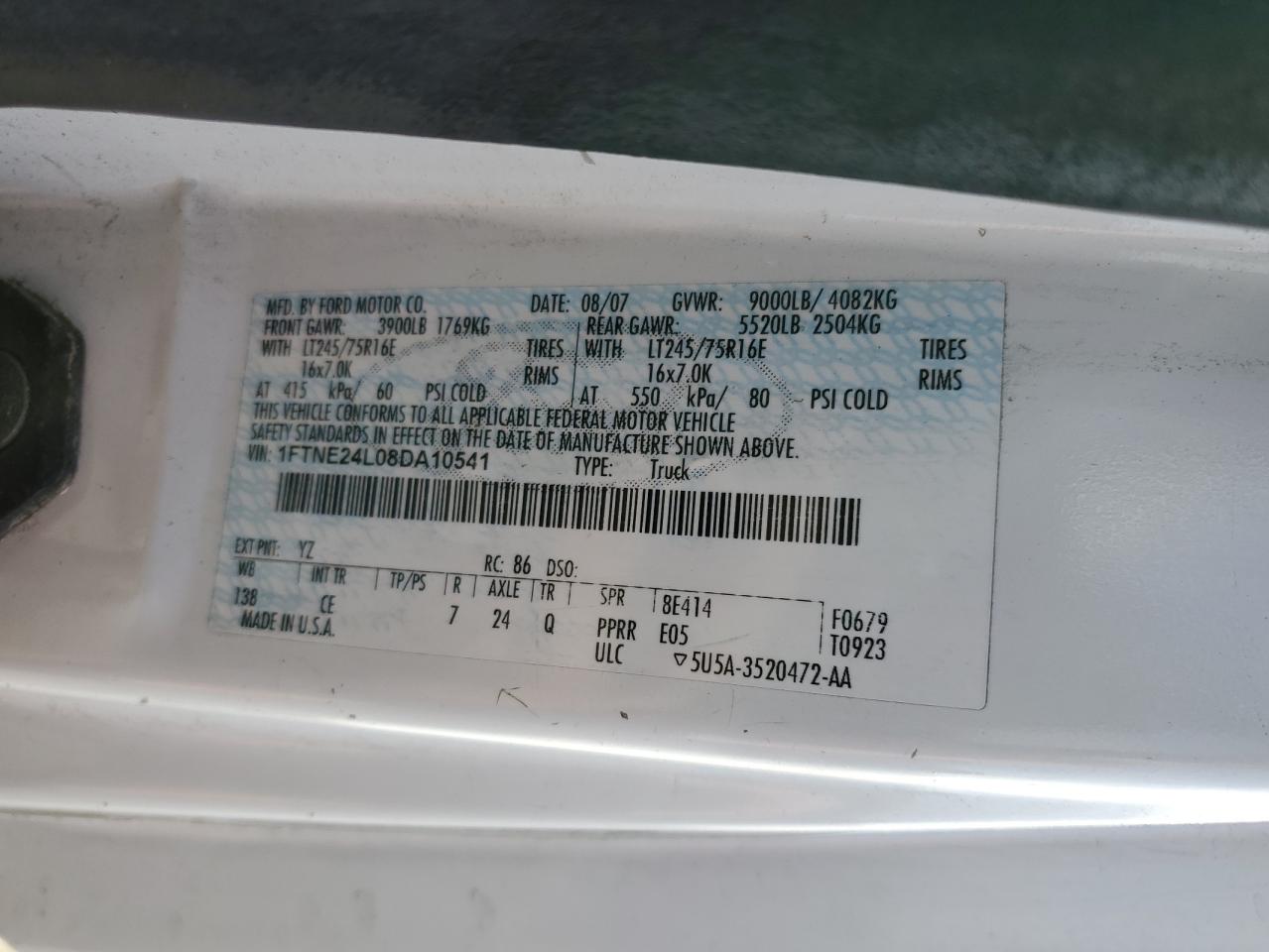 2008 Ford Econoline E250 Van VIN: 1FTNE24L08DA10541 Lot: 67869954