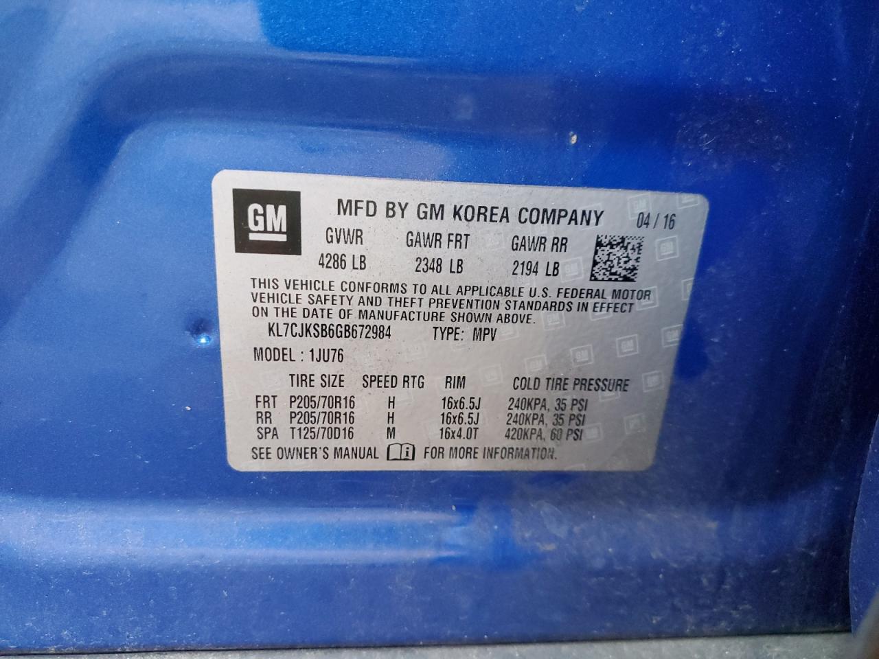 2016 Chevrolet Trax Ls VIN: KL7CJKSB6GB672984 Lot: 74340533