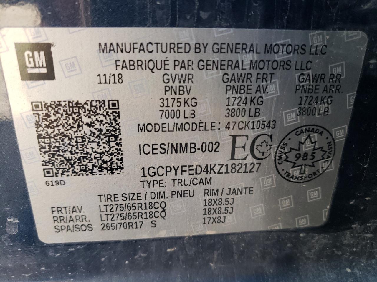 2019 Chevrolet Silverado K1500 Lt Trail Boss VIN: 1GCPYFED4KZ182127 Lot: 88037305