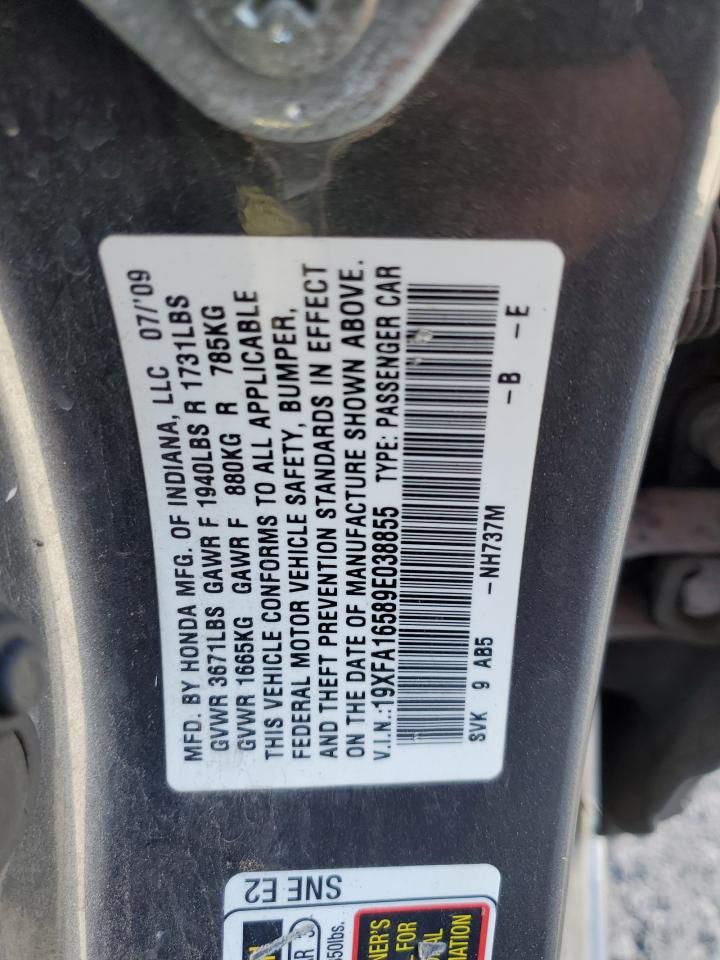 2009 Honda Civic Lx VIN: 19XFA16589E038855 Lot: 70968753