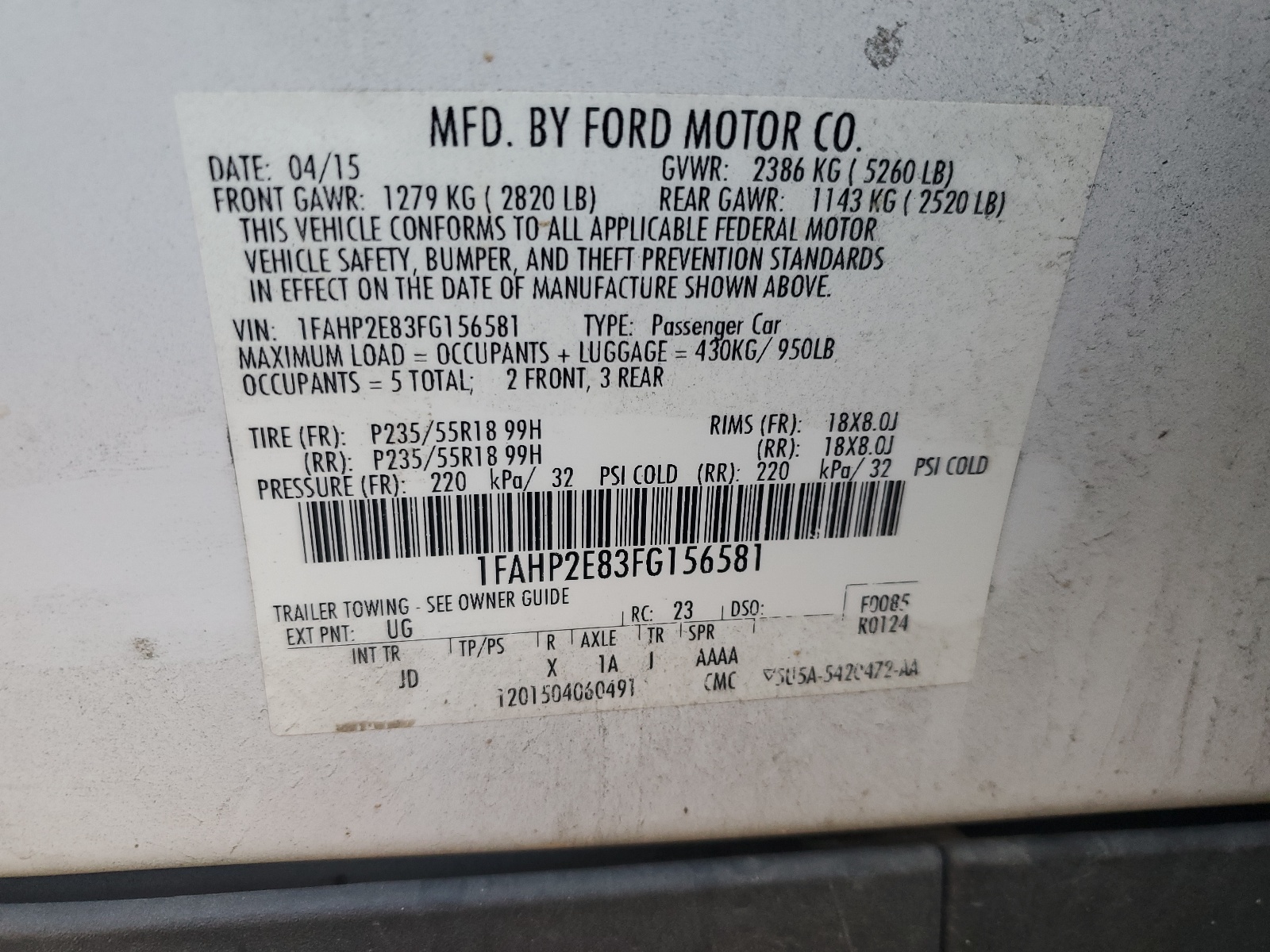 1FAHP2E83FG156581 2015 Ford Taurus Sel