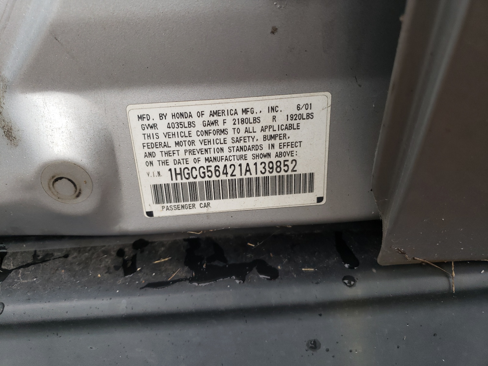 1HGCG56421A139852 2001 Honda Accord Lx