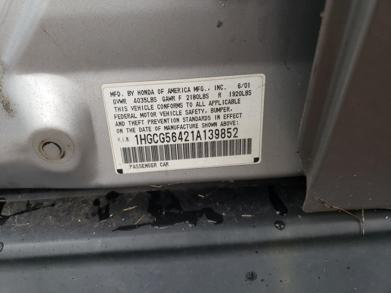 2001 Honda Accord Lx VIN: 1HGCG56421A139852 Lot: 73780523