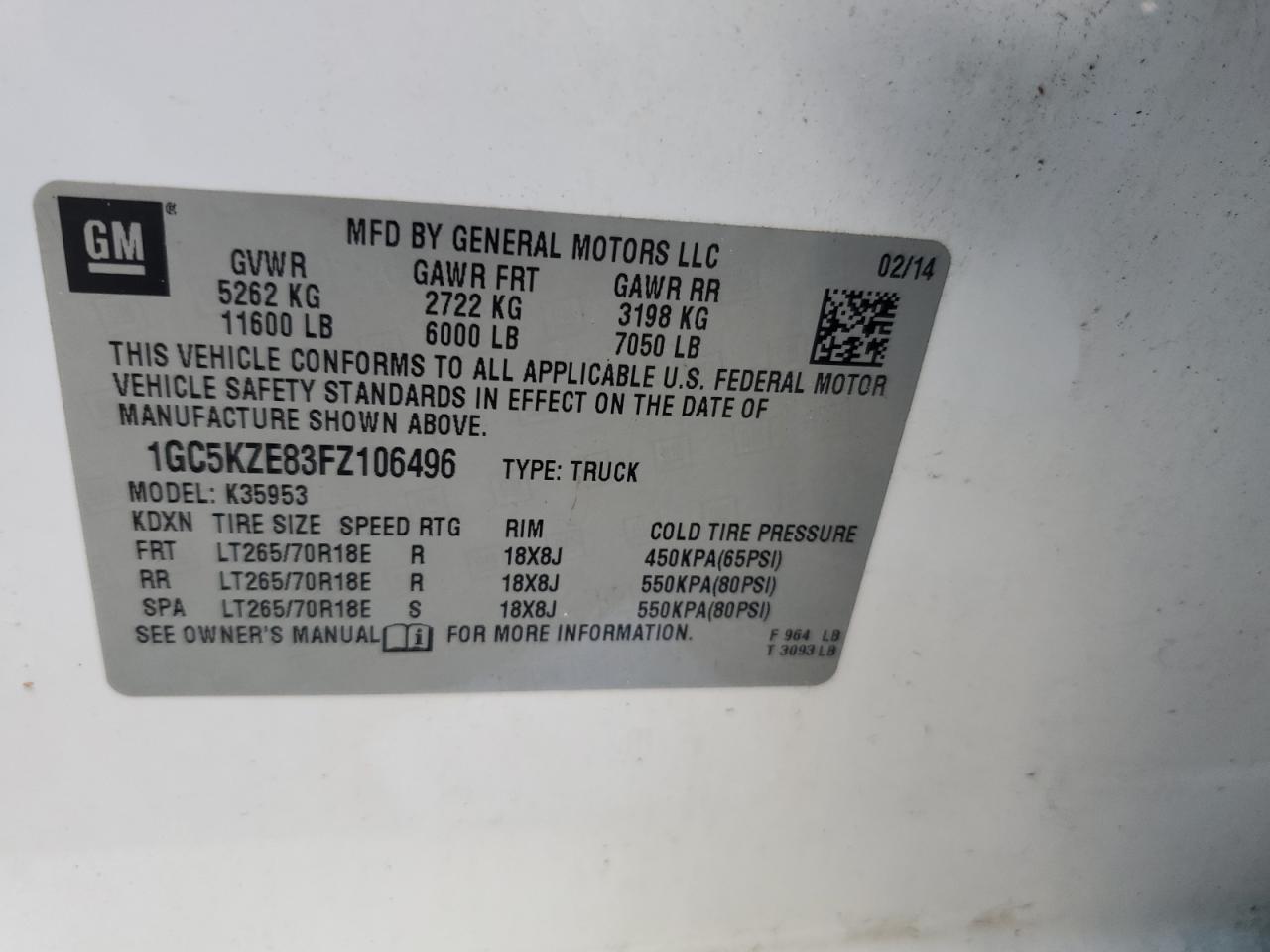 VIN 1GC5KZE83FZ106496 2015 CHEVROLET ALL Models no.12