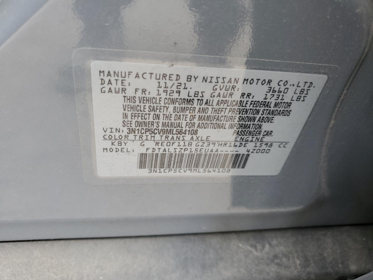 2021 Nissan Kicks Sv VIN: 3N1CP5CV9ML564108 Lot: 71484685