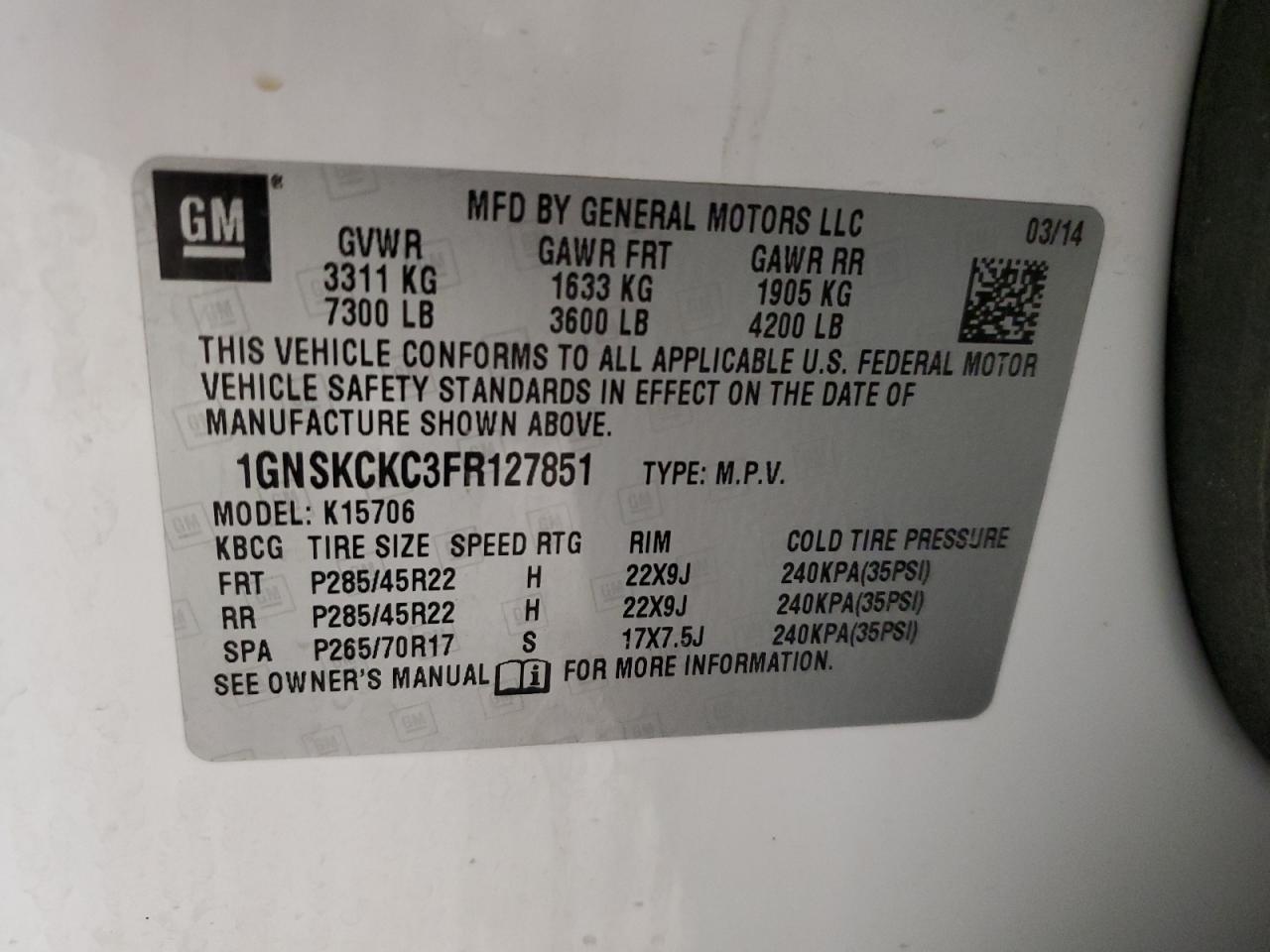 2015 Chevrolet Tahoe K1500 Ltz VIN: 1GNSKCKC3FR127851 Lot: 74115753