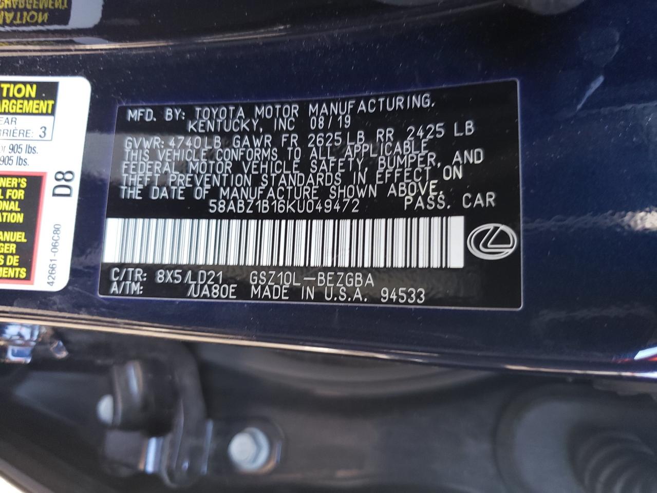 58ABZ1B16KU049472 2019 Lexus Es 350