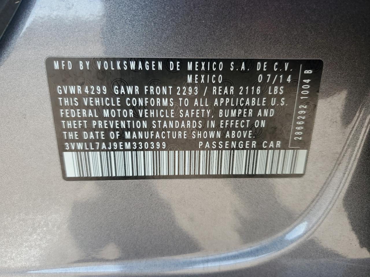 2014 Volkswagen Jetta Tdi VIN: 3VWLL7AJ9EM330399 Lot: 72521503