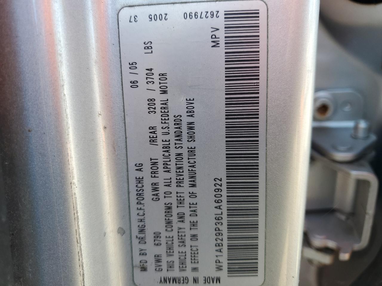 2006 Porsche Cayenne S VIN: WP1AB29P36LA60922 Lot: 70523533
