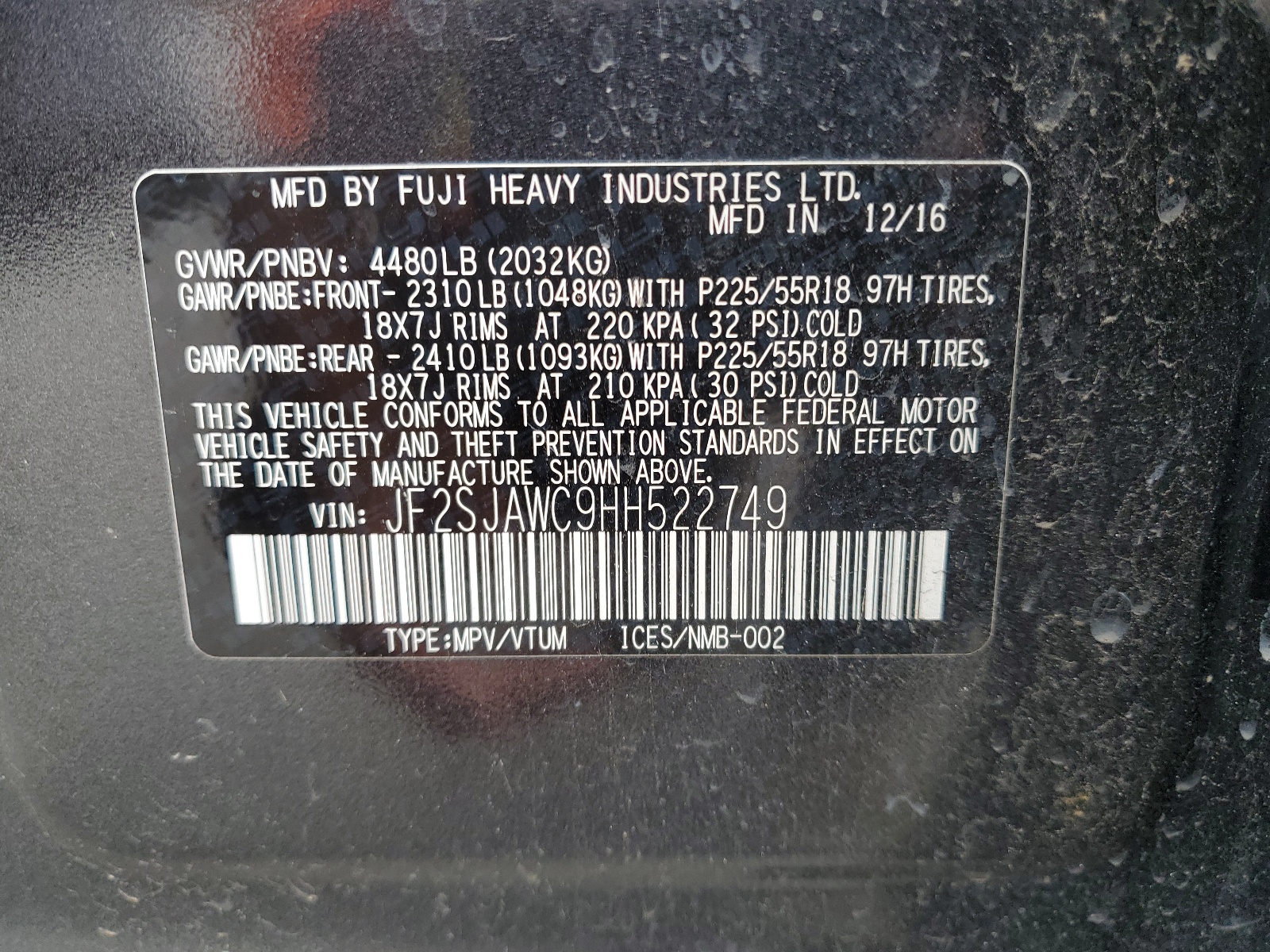 JF2SJAWC9HH522749 2017 Subaru Forester 2.5I Touring