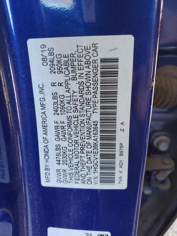 1HGCV1E36KA163645 2019 HONDA ACCORD - Image 12