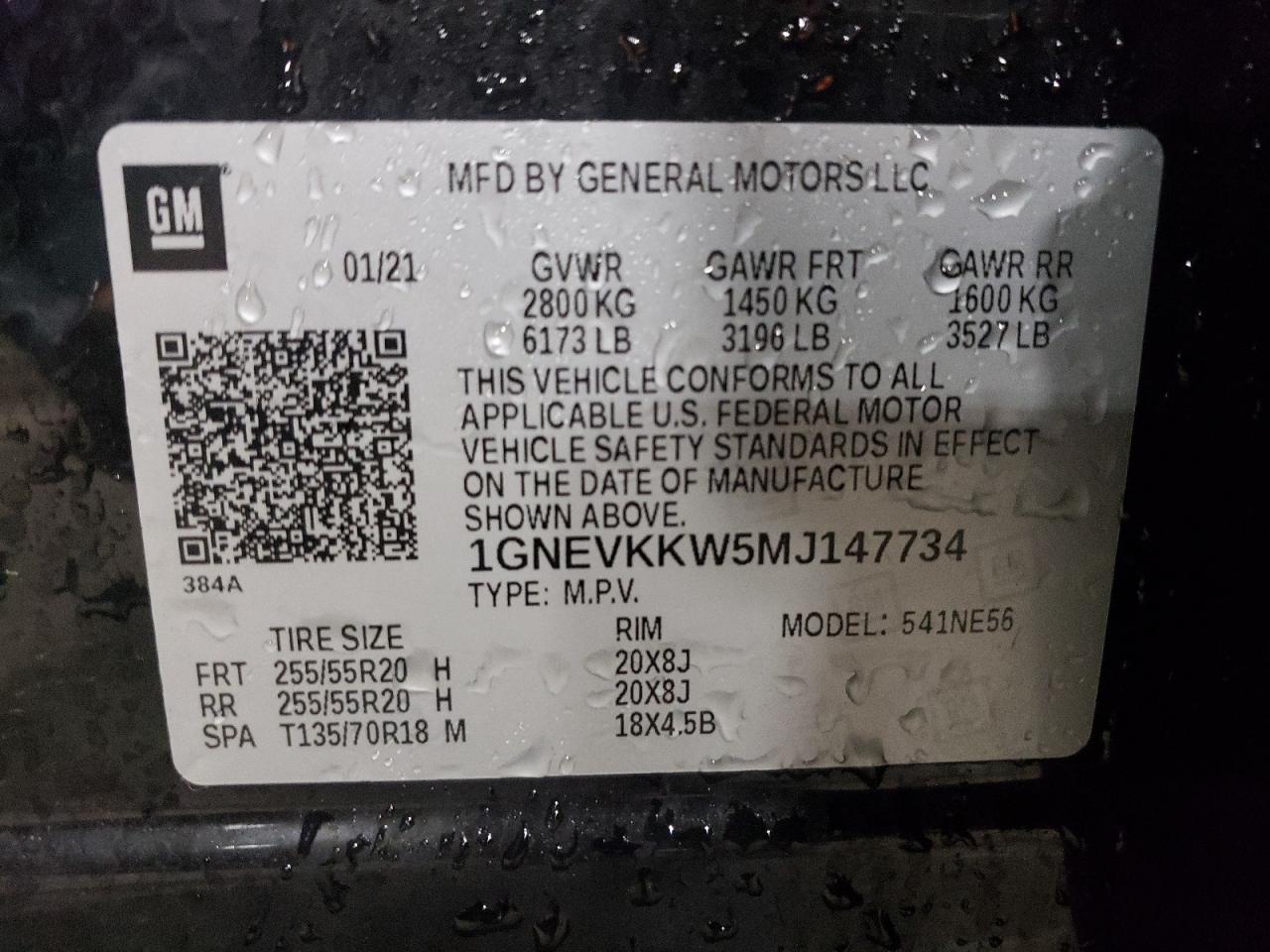 1GNEVKKW5MJ147734 2021 Chevrolet Traverse Premier