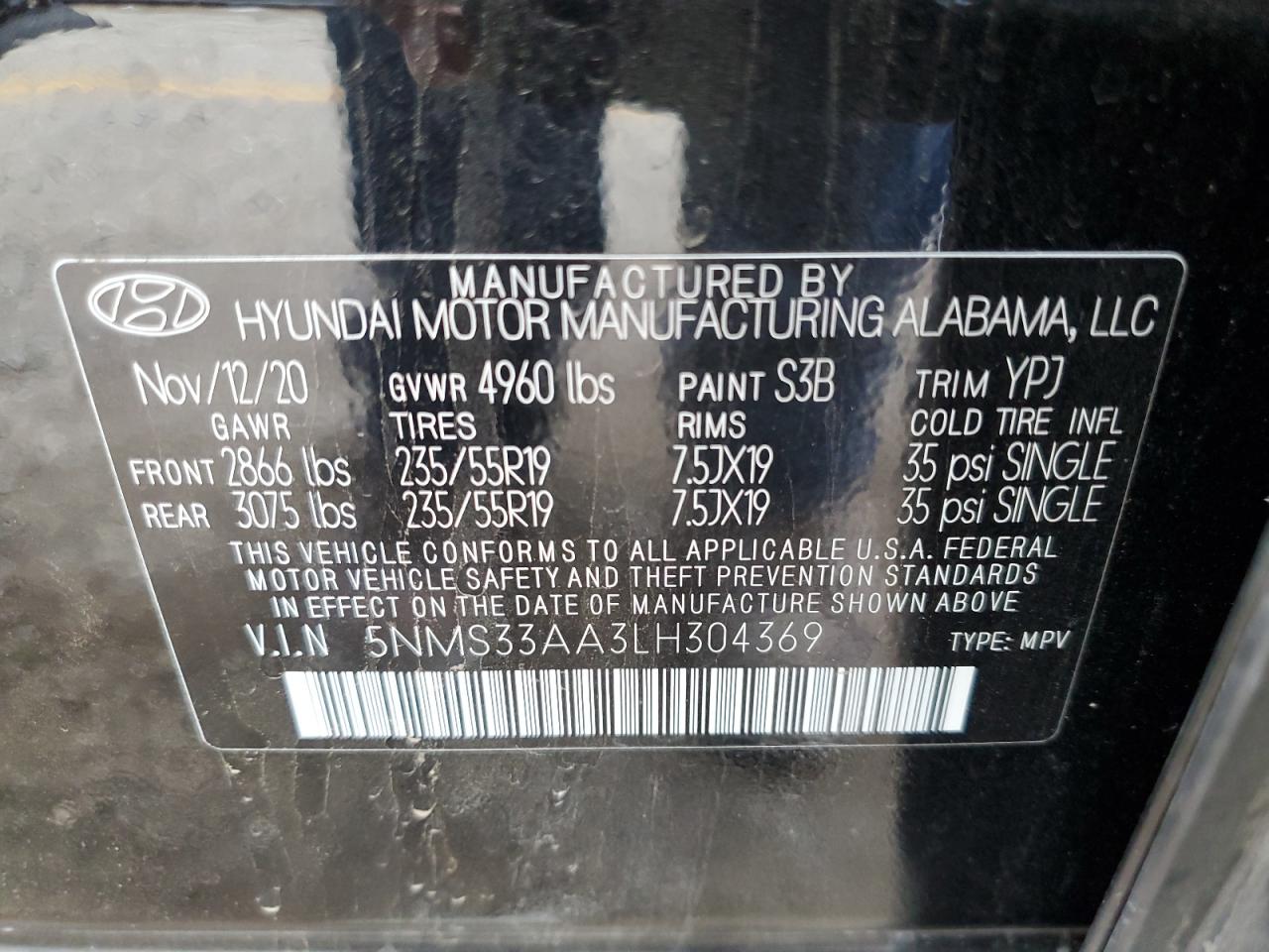 2020 Hyundai Santa Fe Sel VIN: 5NMS33AA3LH304369 Lot: 72159193