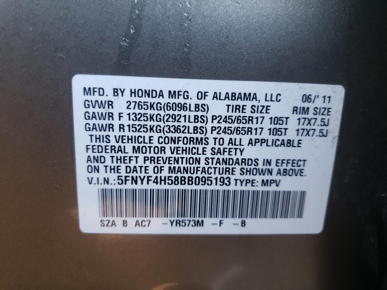 5FNYF4H58BB095193 2011 Honda Pilot Exl