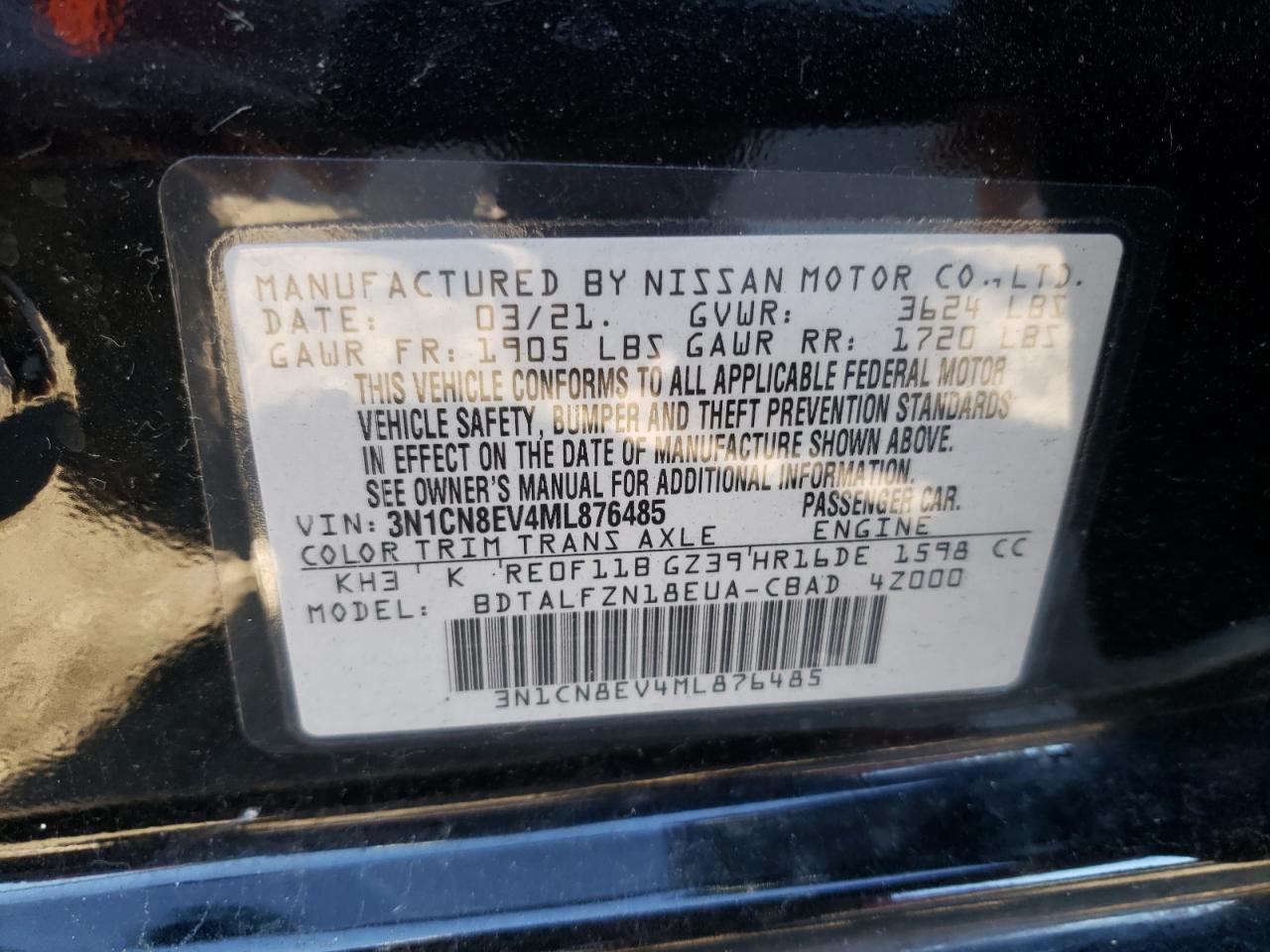 3N1CN8EV4ML876485 2021 Nissan Versa Sv