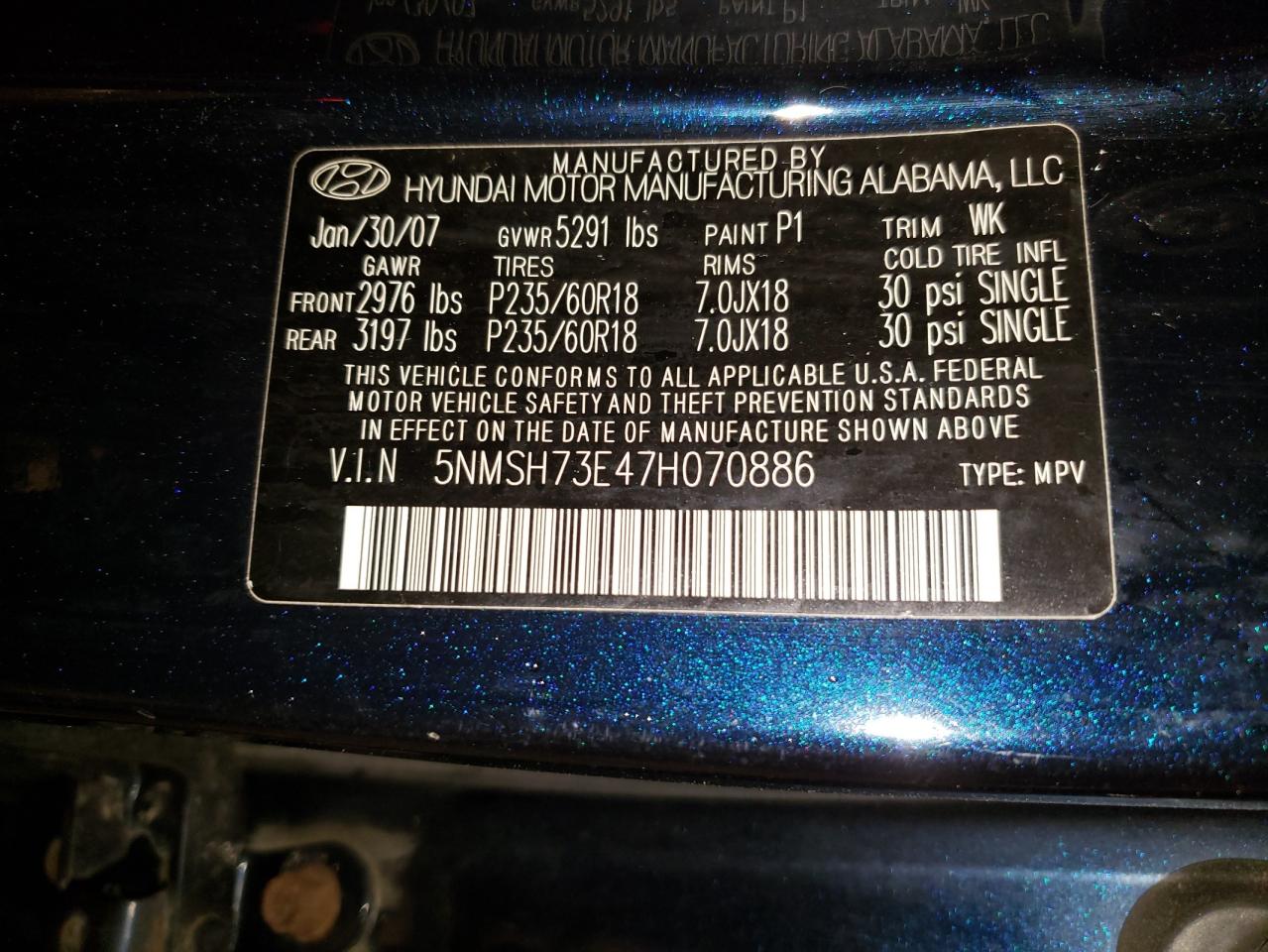 5NMSH73E47H070886 2007 Hyundai Santa Fe Se