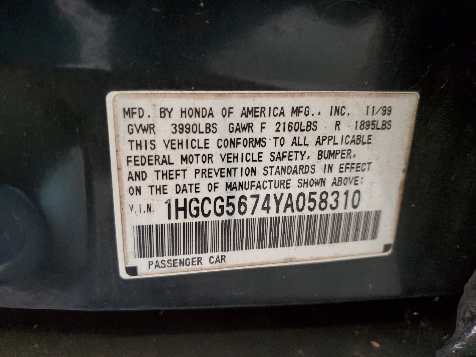 1HGCG5674YA058310 2000 Honda Accord Se