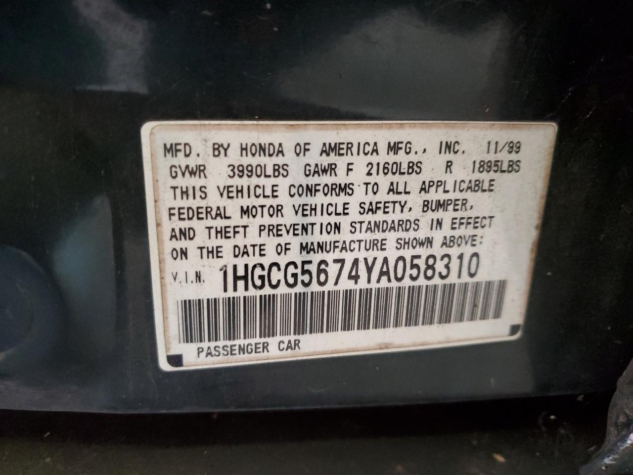 2000 Honda Accord Se VIN: 1HGCG5674YA058310 Lot: 71081793