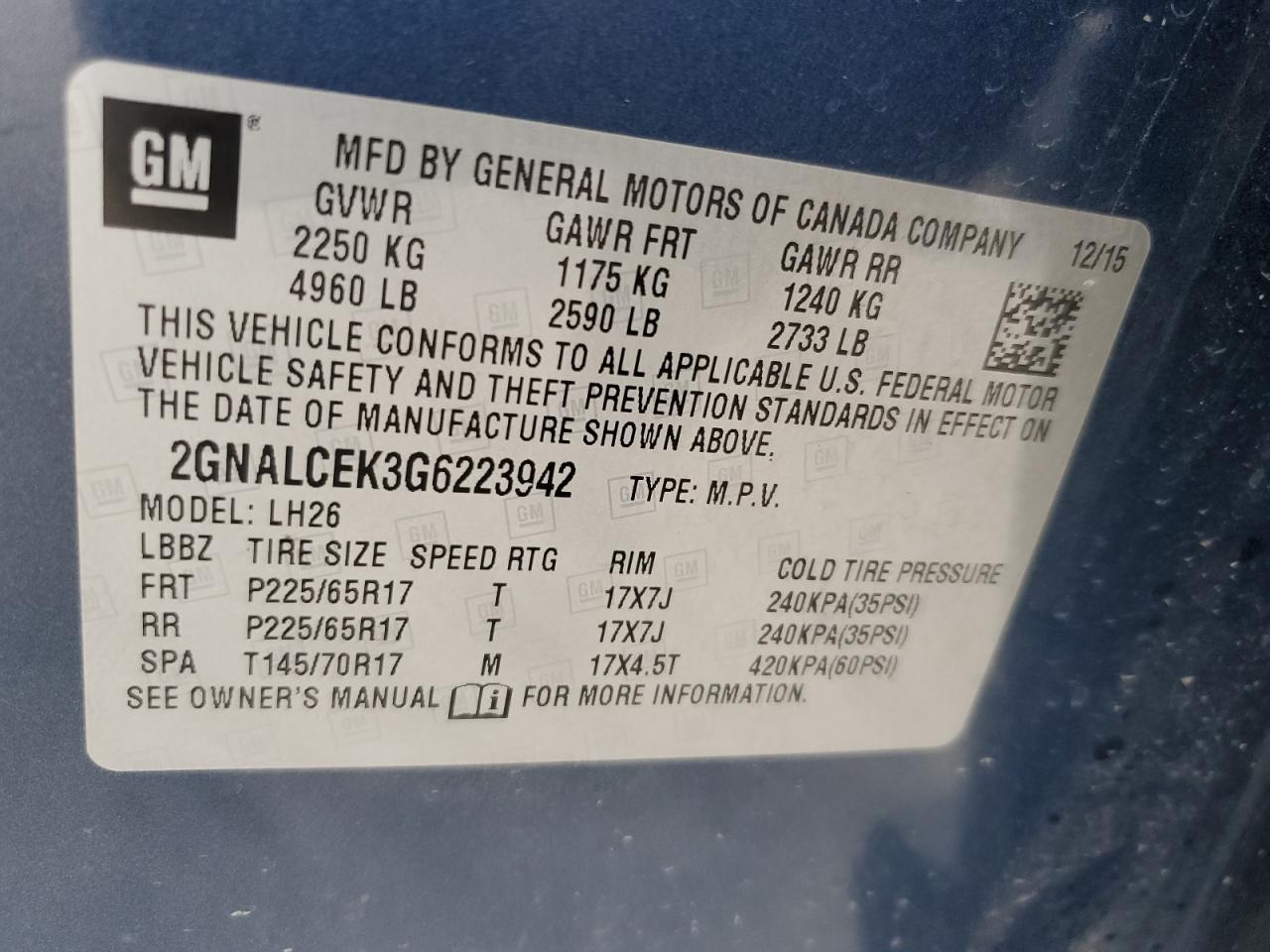 2GNALCEK3G6223942 2016 Chevrolet Equinox Lt