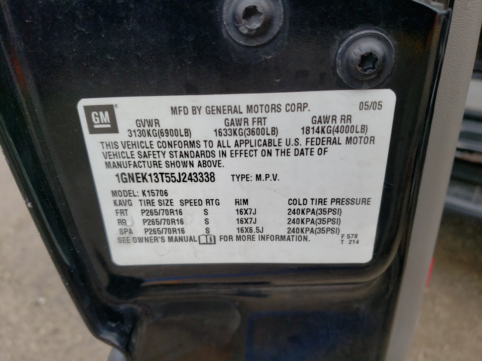 1GNEK13T55J243338 2005 Chevrolet Tahoe K1500