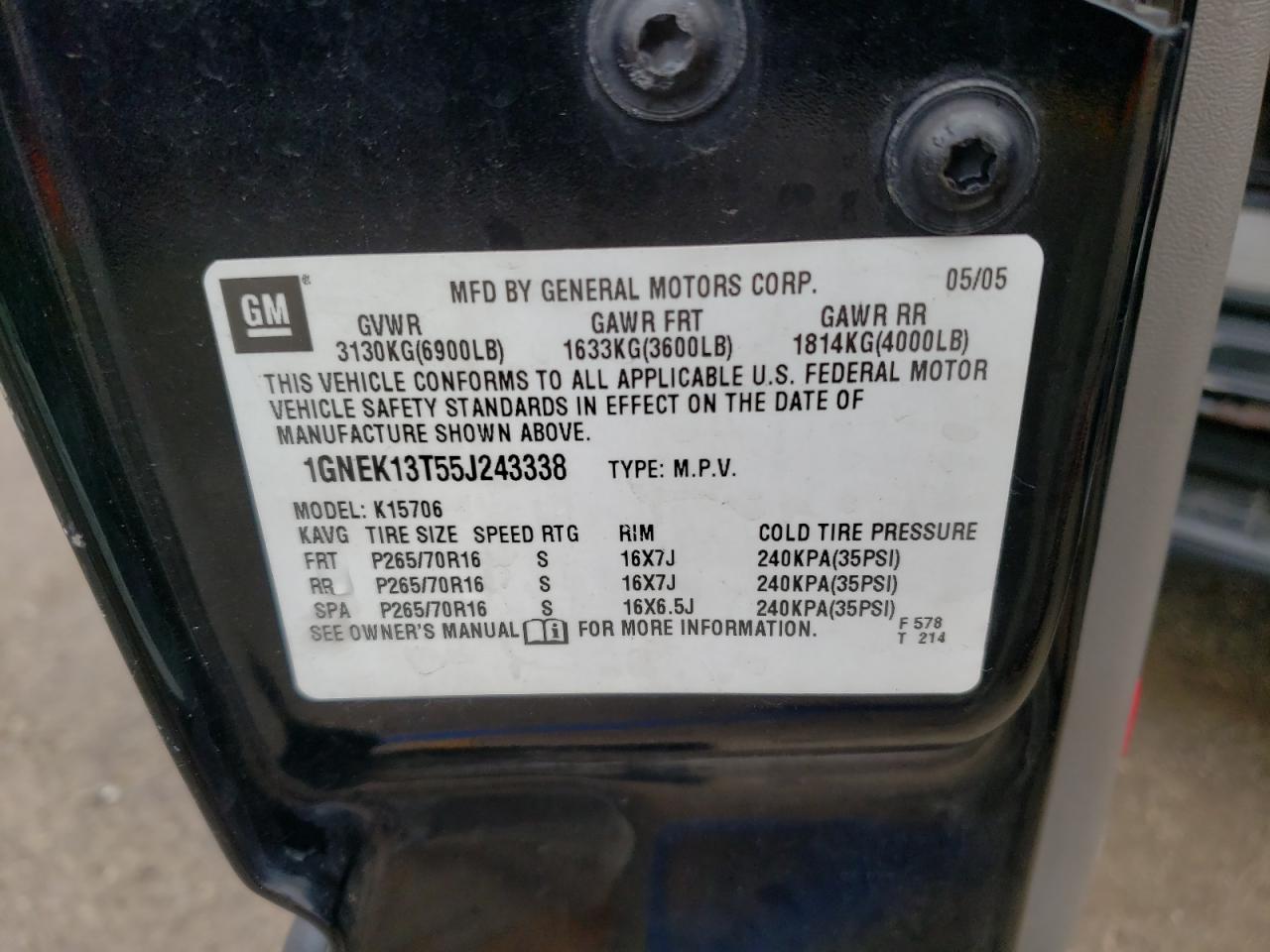 2005 Chevrolet Tahoe K1500 VIN: 1GNEK13T55J243338 Lot: 60136934