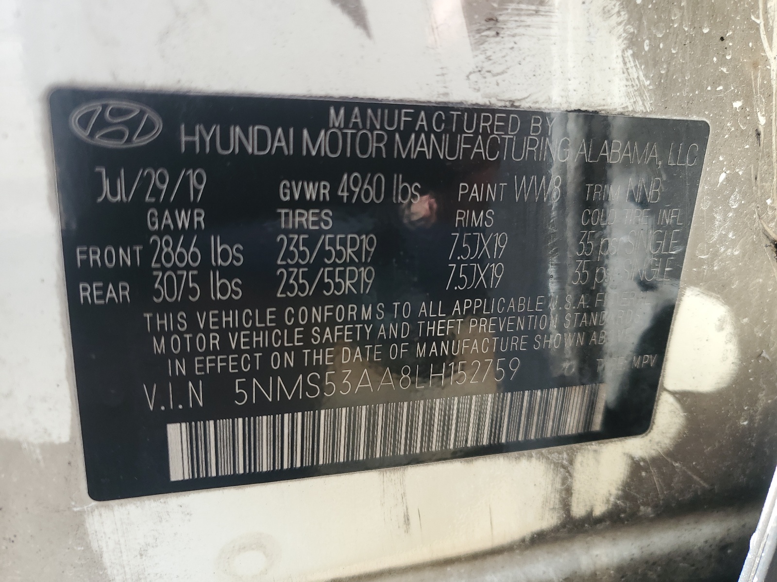 5NMS53AA8LH152759 2020 Hyundai Santa Fe Limited
