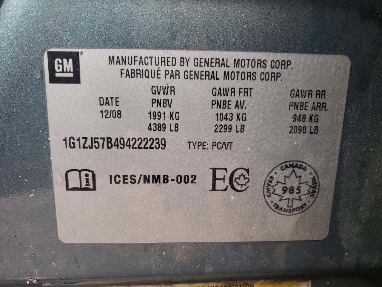 2009 Chevrolet Malibu 2Lt VIN: 1G1ZJ57B494222239 Lot: 73925293