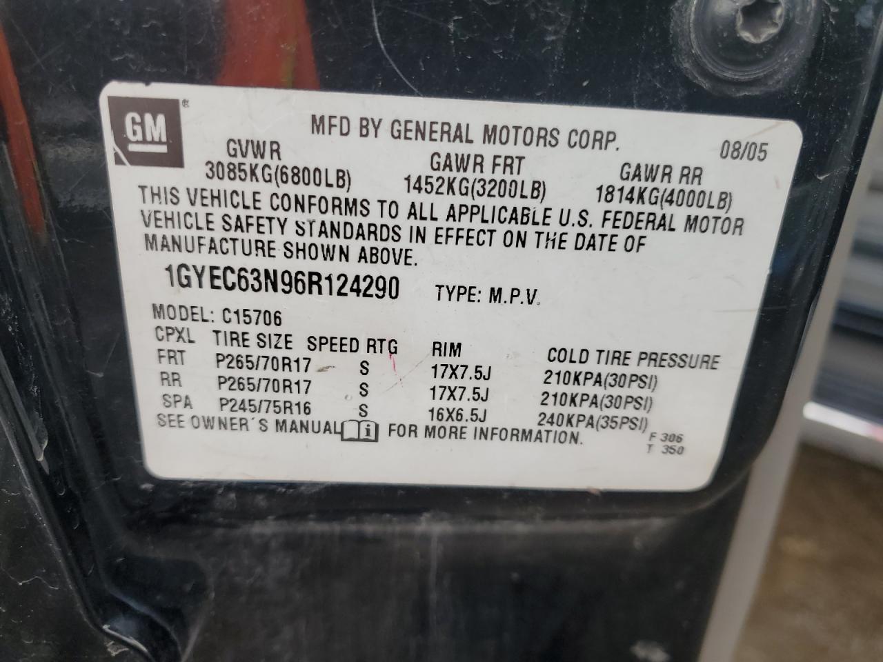 2006 Cadillac Escalade Luxury VIN: 1GYEC63N96R124290 Lot: 73356323