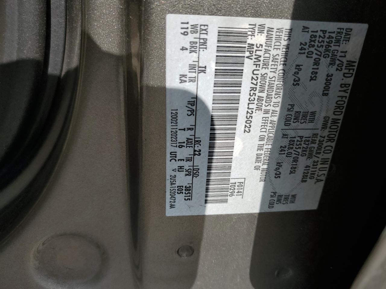 2003 Lincoln Navigator VIN: 5LMFU27R53LJ25022 Lot: 69009833