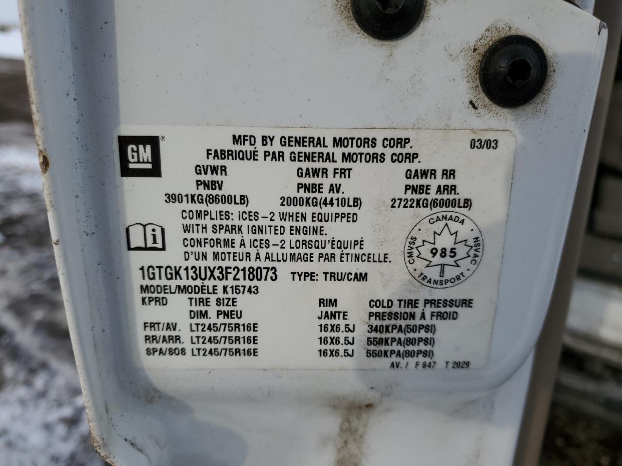 2003 GMC Sierra K1500 Heavy Duty VIN: 1GTGK13UX3F218073 Lot: 73334613