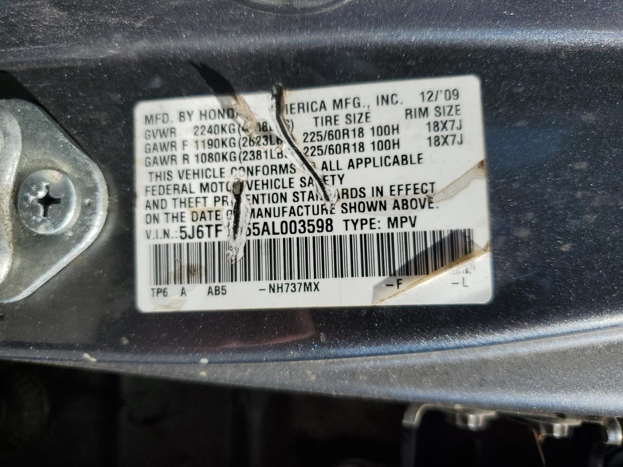 2010 Honda Accord Crosstour Exl VIN: 5J6TF1H55AL003598 Lot: 84605184