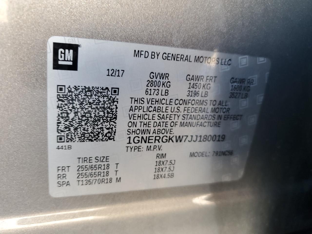 1GNERGKW7JJ180019 2018 Chevrolet Traverse Lt