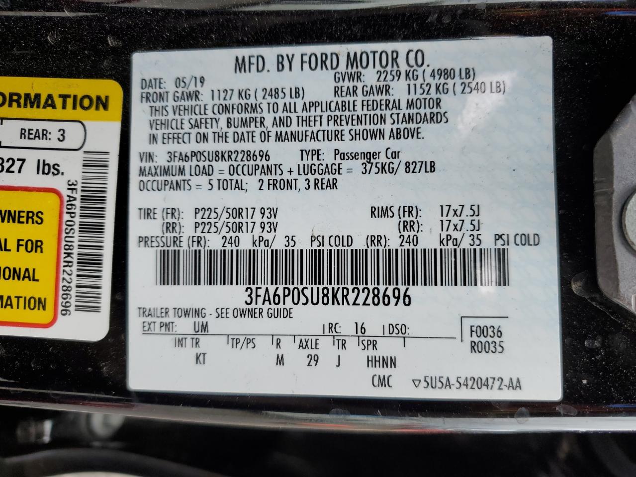 2019 Ford Fusion Titanium VIN: 3FA6P0SU8KR228696 Lot: 77880194