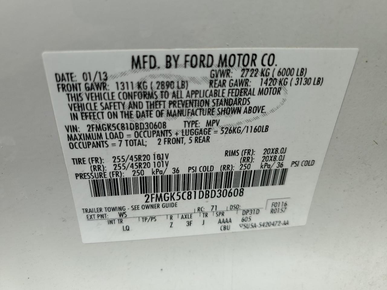 2FMGK5C81DBD30608 2013 Ford Flex Sel