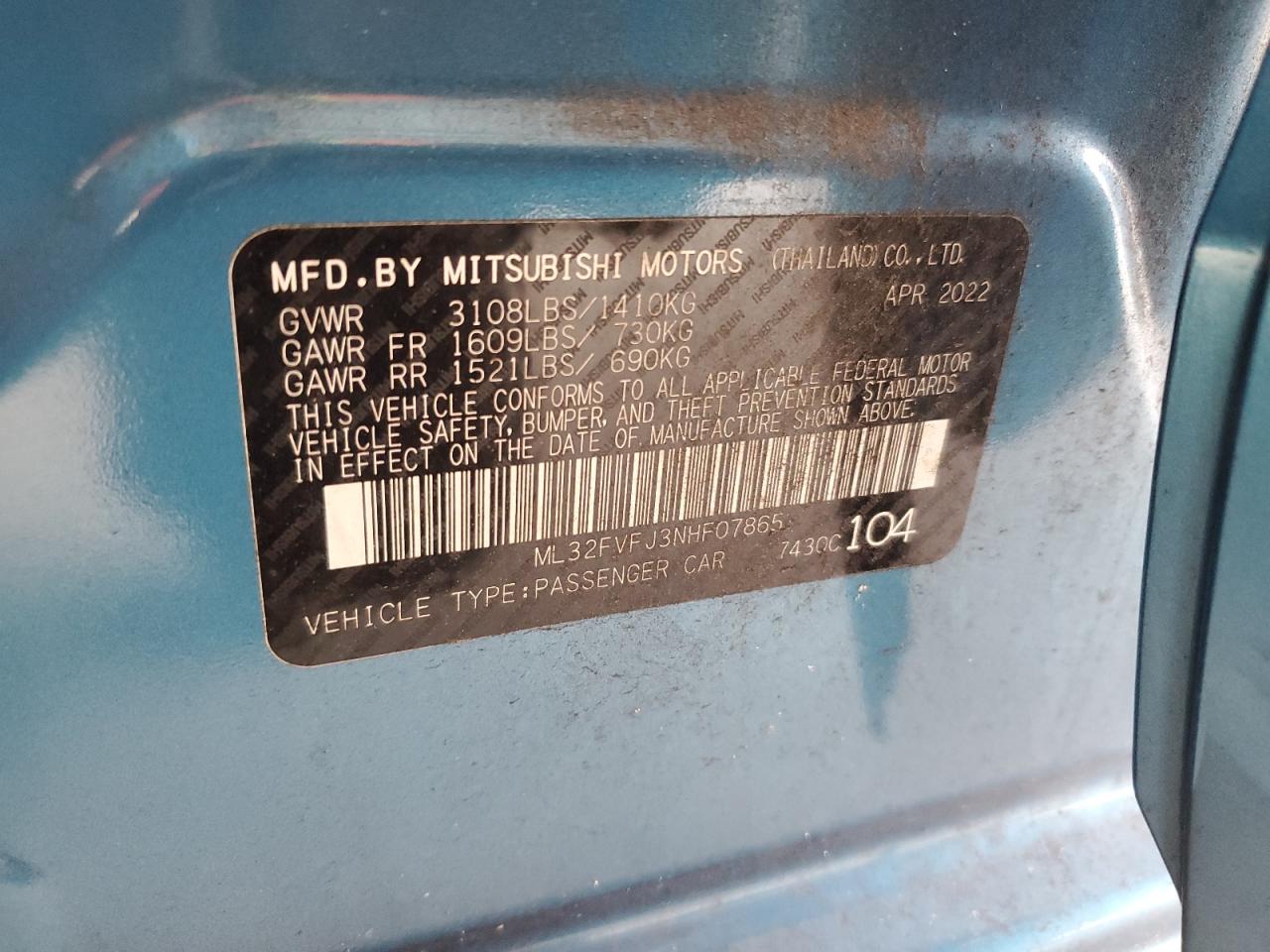 2022 Mitsubishi Mirage G4 Se VIN: ML32FVFJ3NHF07865 Lot: 75621764