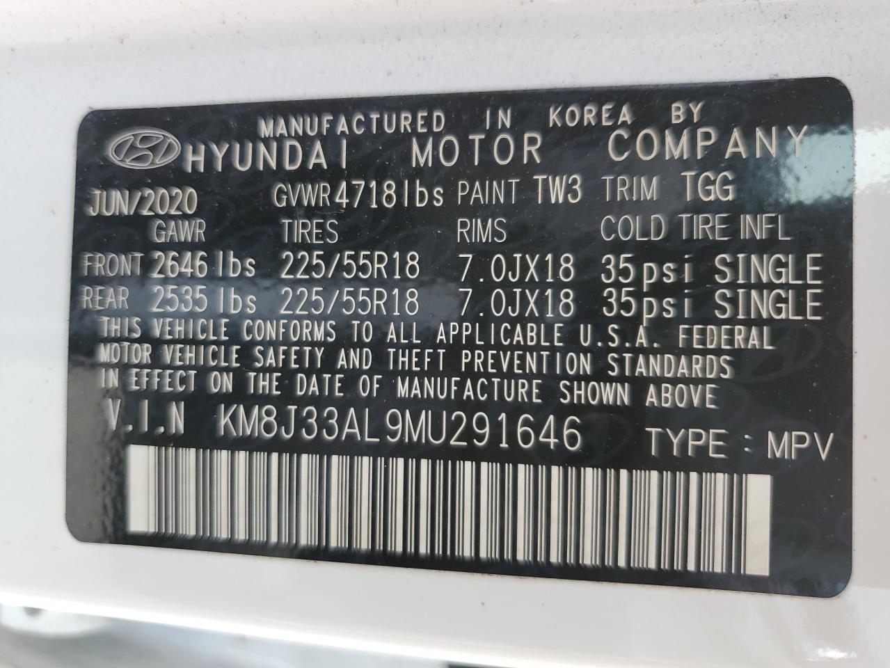 2021 Hyundai Tucson Limited VIN: KM8J33AL9MU291646 Lot: 76238244