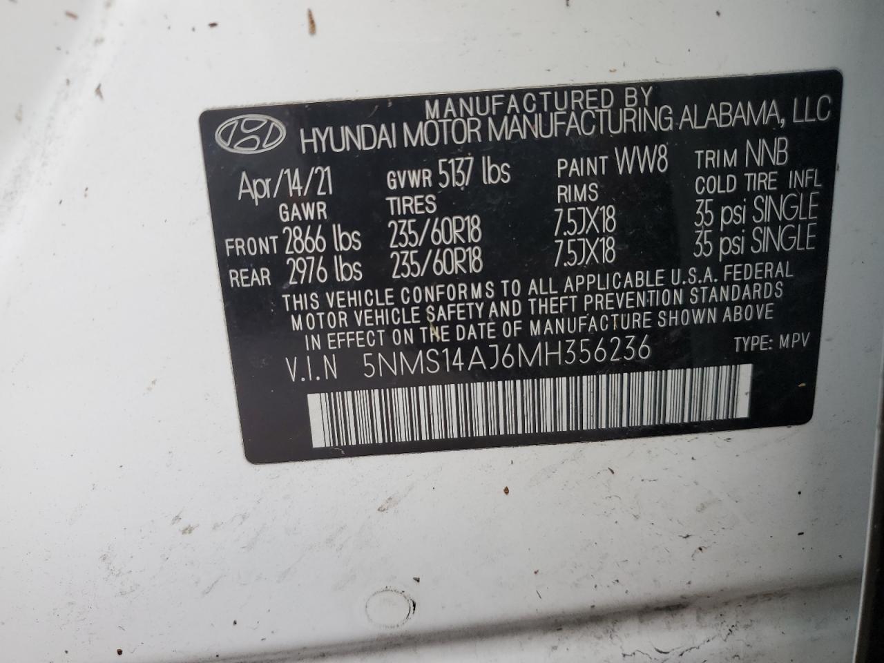 5NMS14AJ6MH356236 2021 Hyundai Santa Fe Se