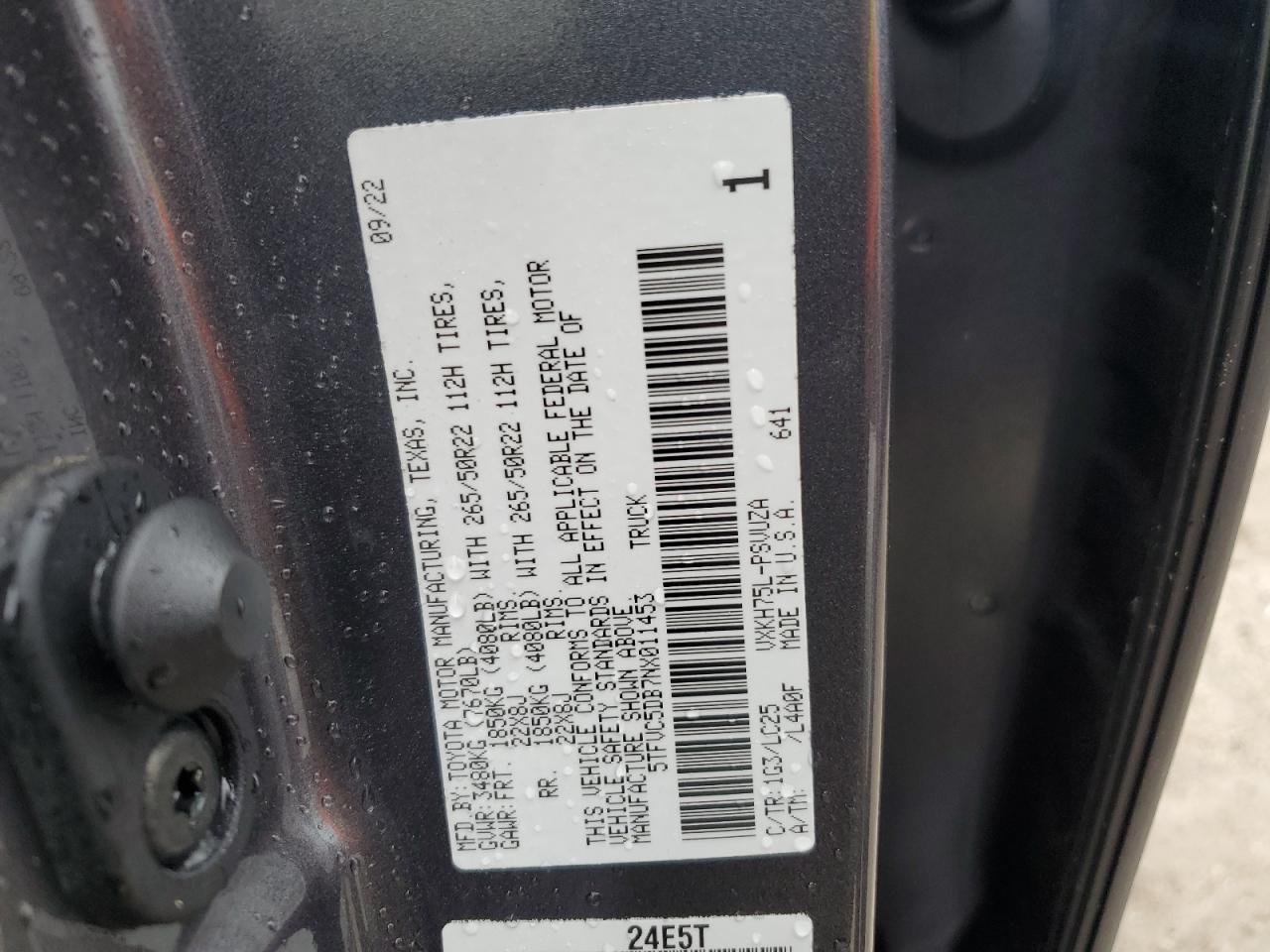 2022 Toyota Tundra Crewmax Capstone VIN: 5TFVC5DB7NX011453 Lot: 74077814