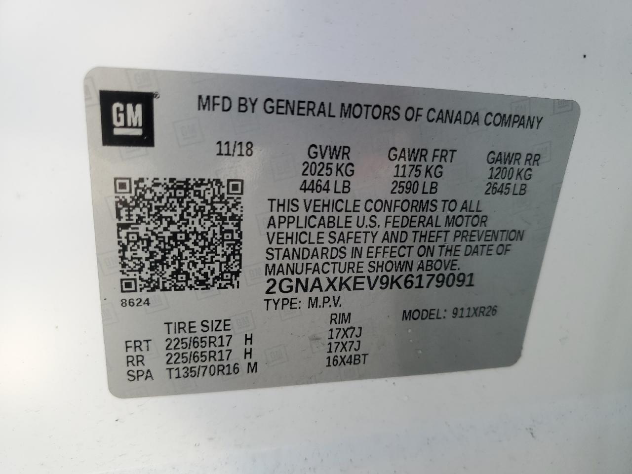 2019 Chevrolet Equinox Lt VIN: 2GNAXKEV9K6179091 Lot: 75080794