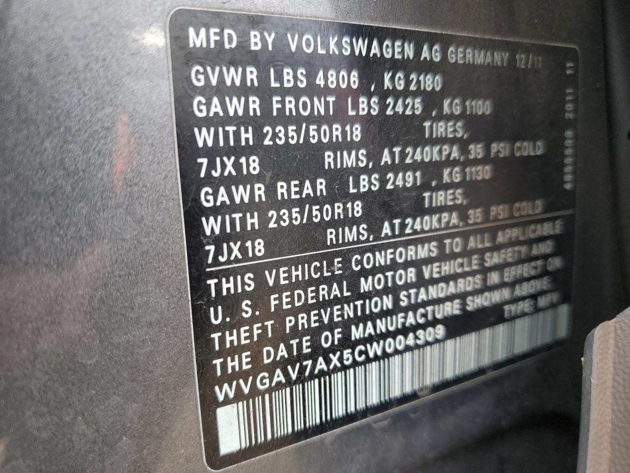 WVGAV7AX5CW004309 2012 Volkswagen Tiguan S