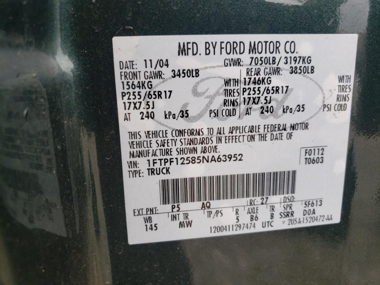 2005 Ford F150 VIN: 1FTPF12585NA63952 Lot: 74300474